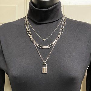 Necklace Set 3 Strand Necklace Paper Clip heart lock pendant NEW